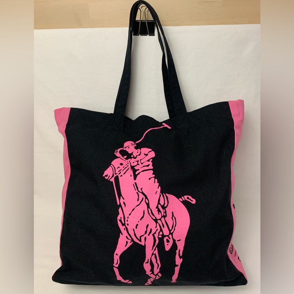 Ralph Lauren RL 2000 Black & Pink Pony Polo 100% Cotton Tote Shoulder Bag